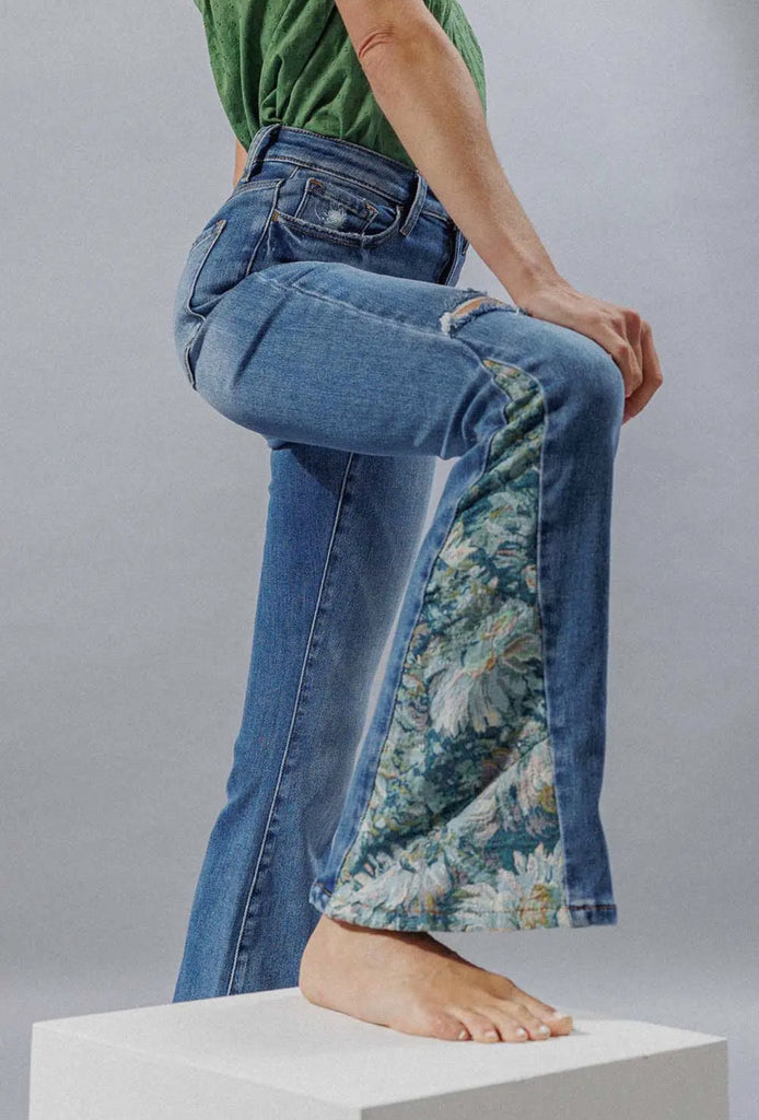 Floral side blocking panel jeans