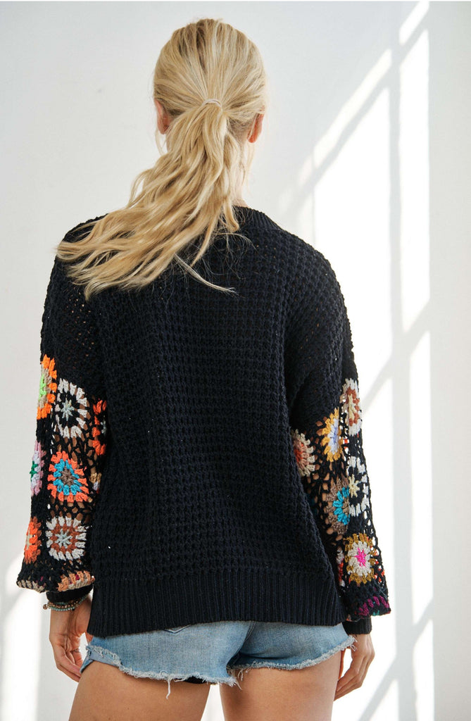 Multi patterned crochet sleeve open cardigan