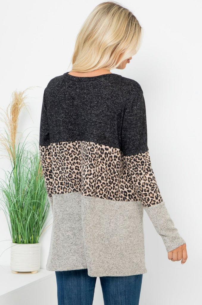 Animal print color block brushed sweater top