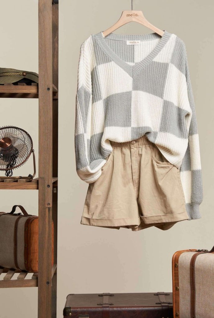 V neck Checkered Knit Sweater