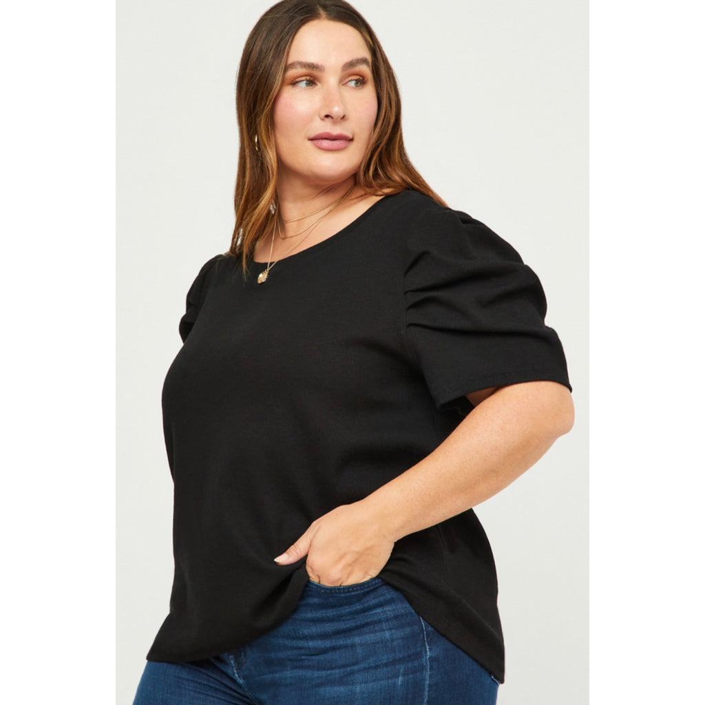 Plus Ribbed pleated shoulder puff sleeve top