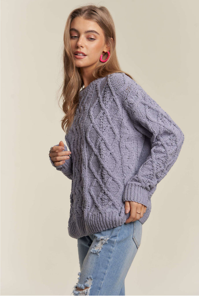 Cable knit crewneck sweater- soft denim blue