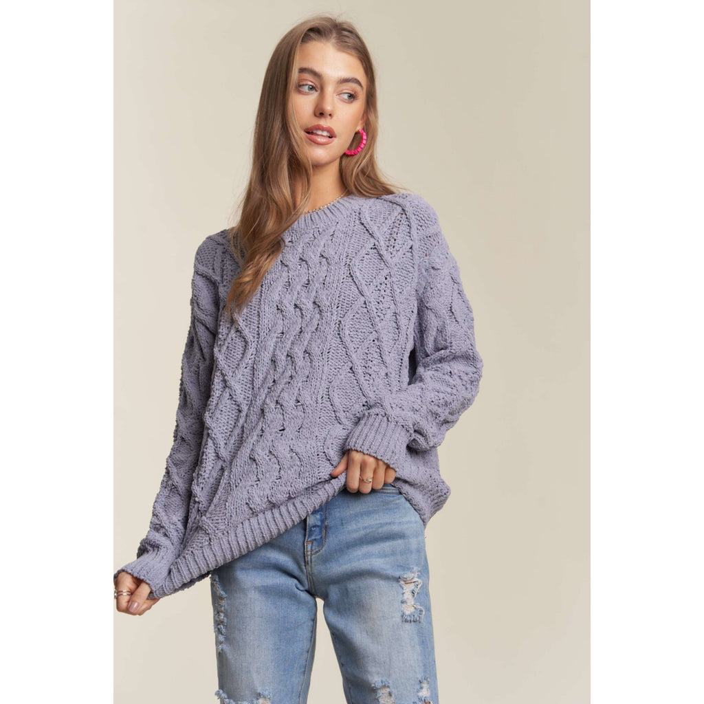 Cable knit crewneck sweater- soft denim blue