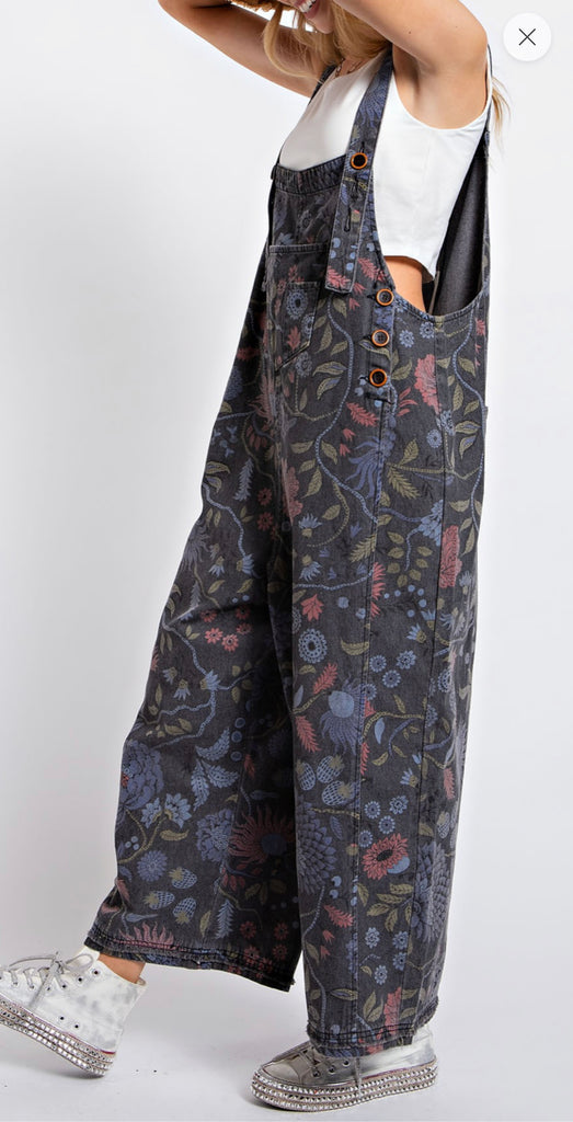 Floral print denim overalls