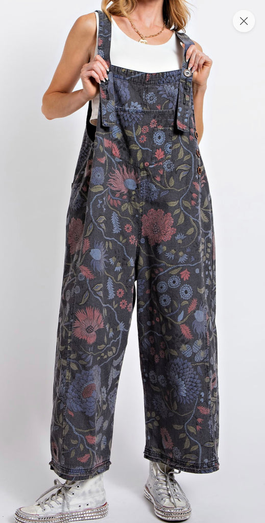 Floral print denim overalls