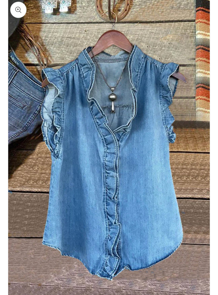 Double ruffle denim shirt