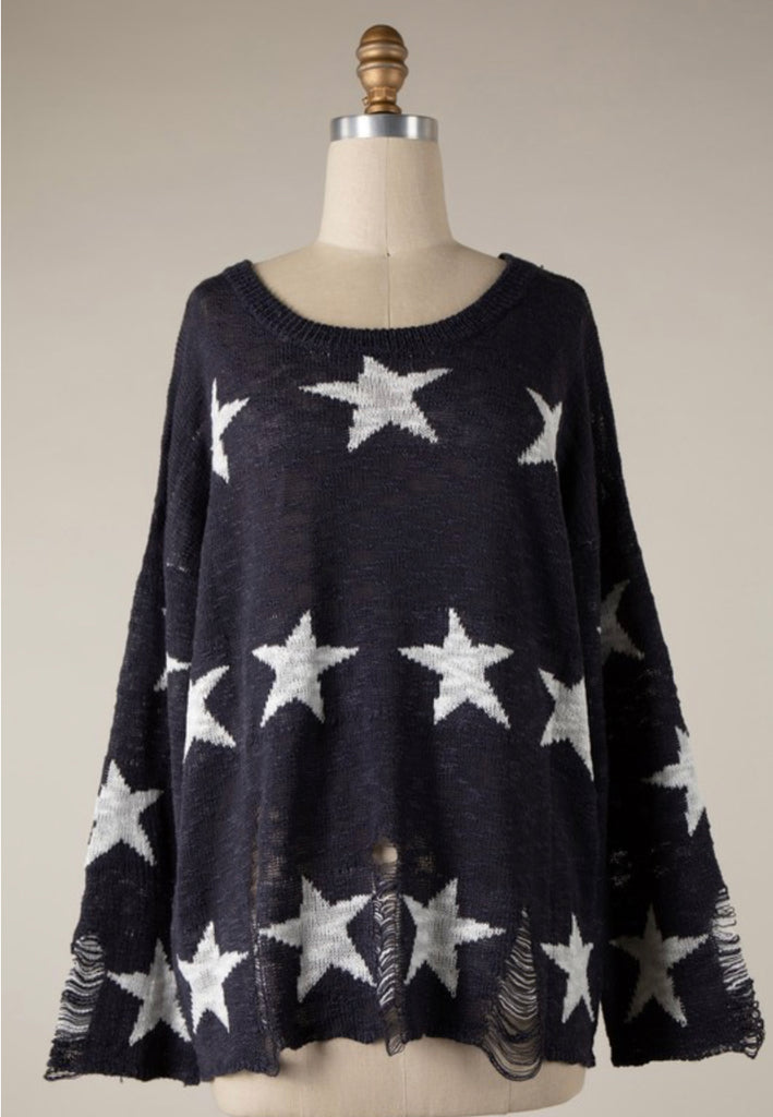 Star distressed sheer sweater
