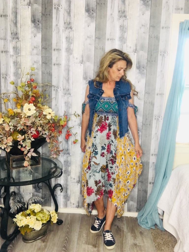 Multi-Floral Print Asymmetrical Maxi Dress