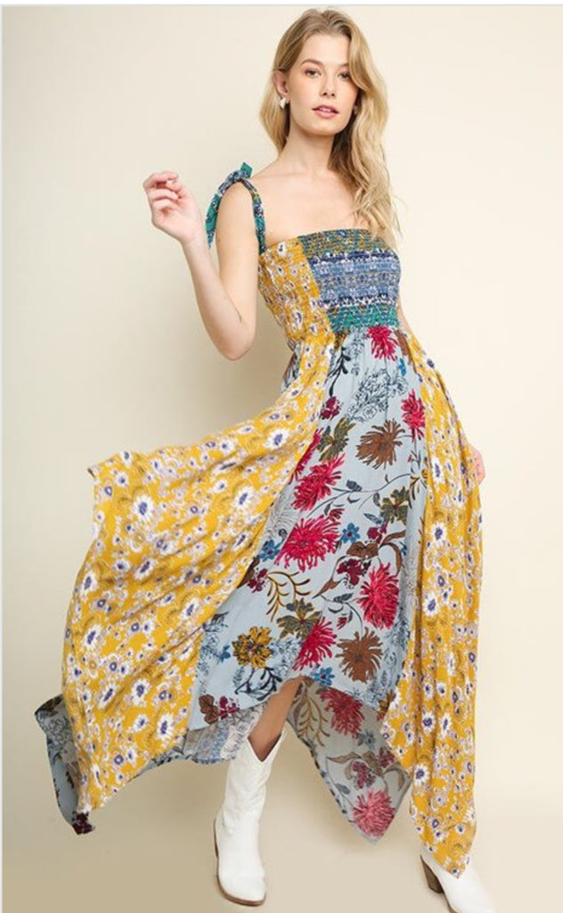 Multi-Floral Print Asymmetrical Maxi Dress
