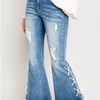 Lace Up Distressed Flare Jeans