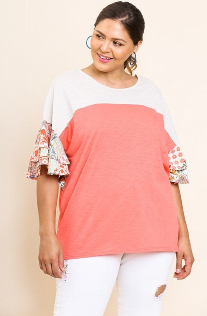 Paisley print layered ruffle sleeve top- Plus sizes
