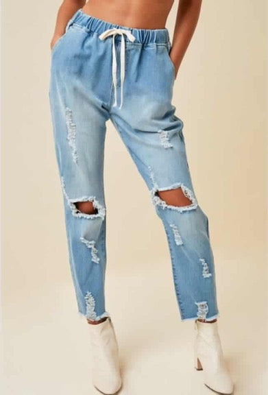Distressed Drawstring Denim Jeans