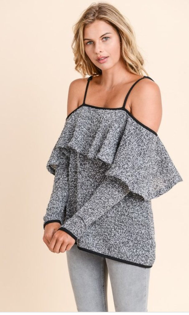 Cold shoulder ruffle sweater