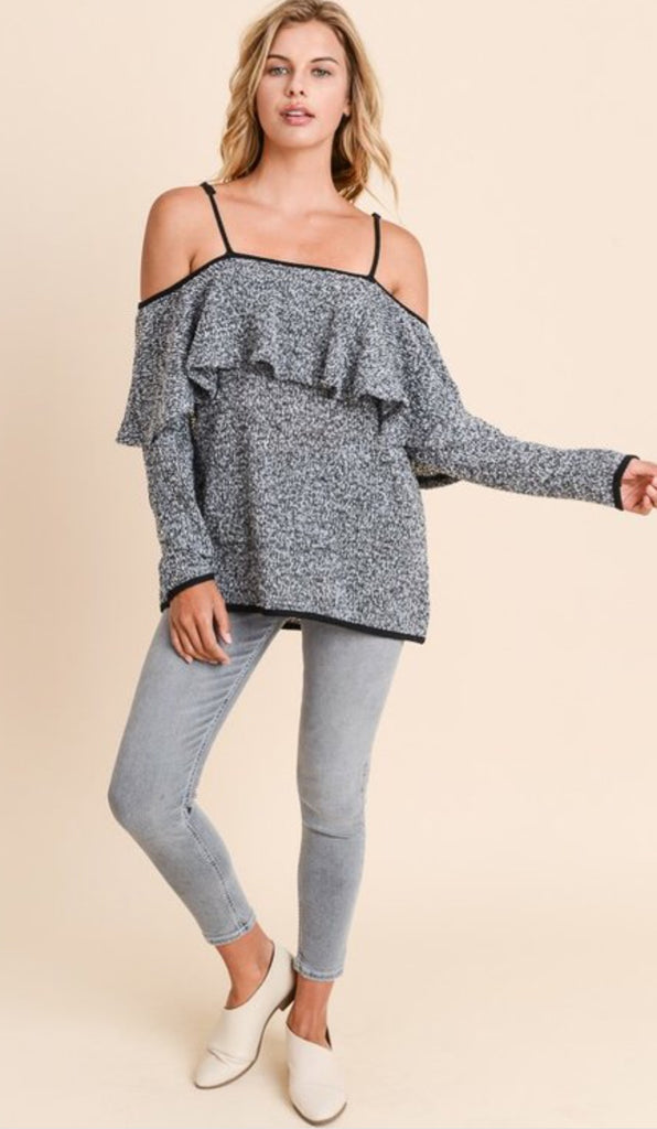 Cold shoulder ruffle sweater