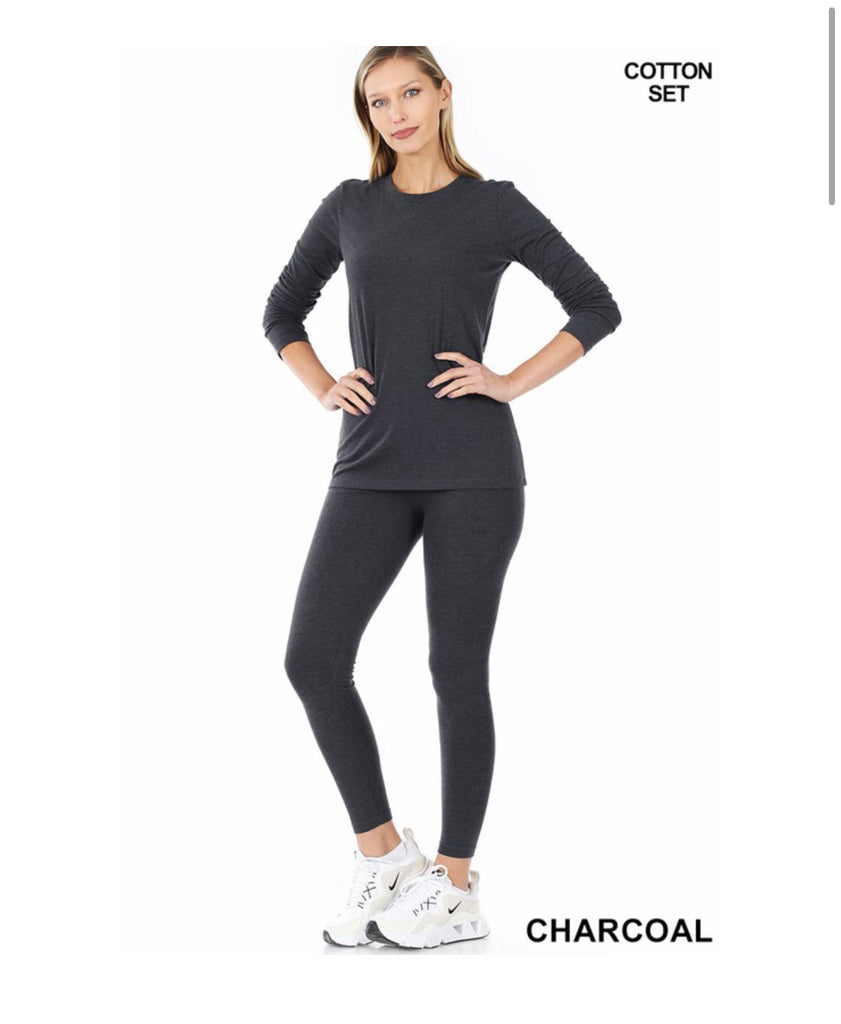 Cotton long sleeve cotton top and leggings set ( black or charcoal)
