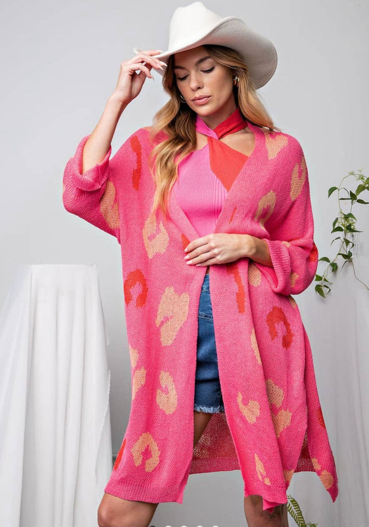 Fuchsia/Coral Animal Pattern Open Front Cardigan