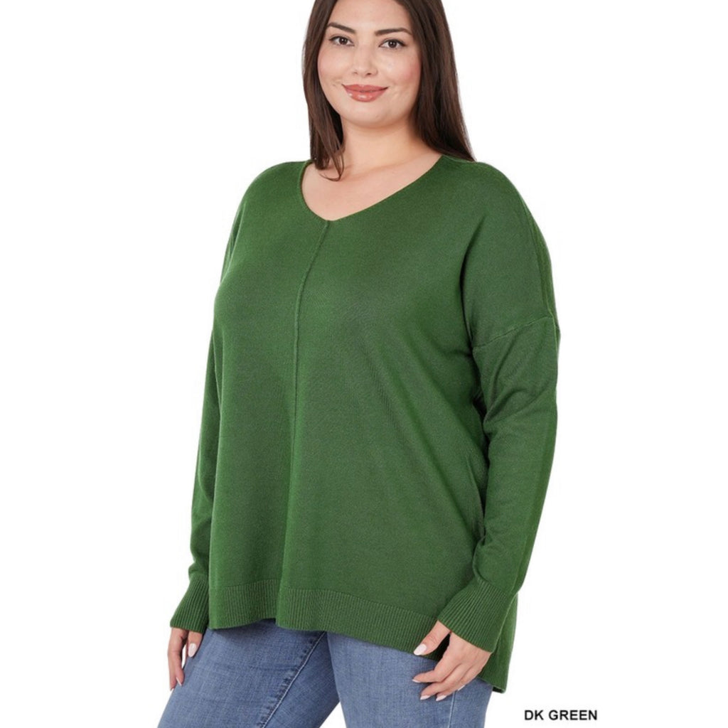 Plus hi-low garment dyed front seam sweater