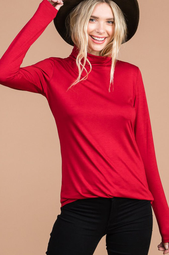 Red mock neck long sleeve top