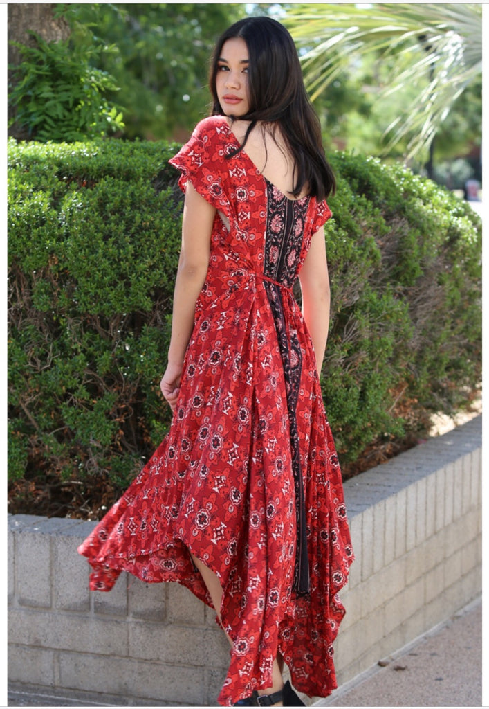 Red print asymmetrical hem maxi dress