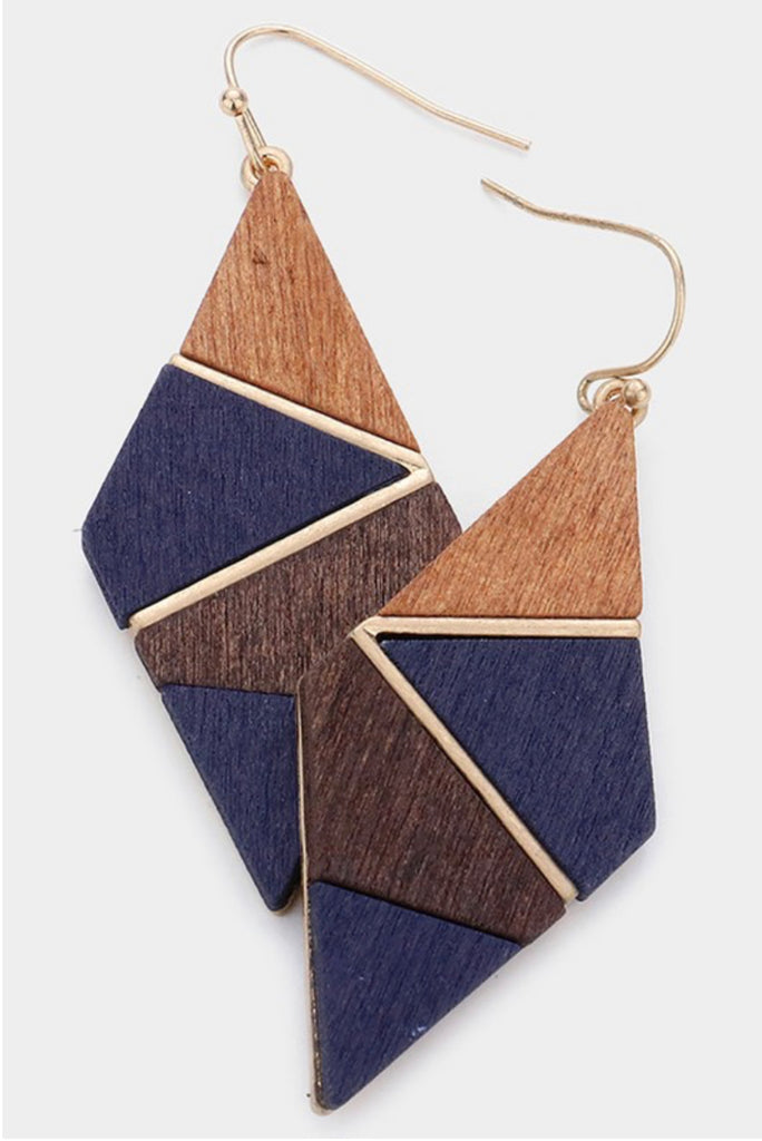 Navy wood rhombus dangle earrings