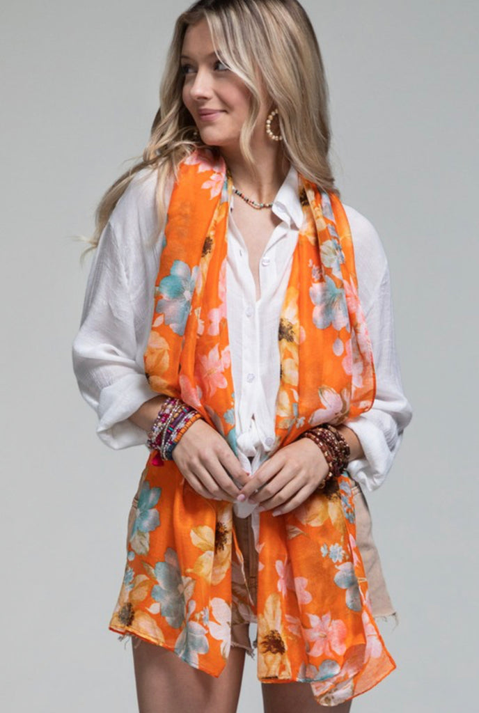 Tangerine floral oblong scarf