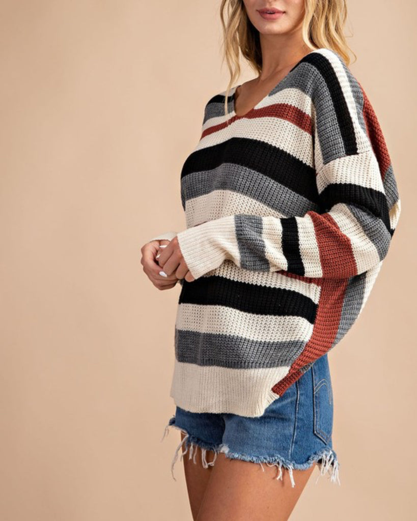 Striped twist back knit sweater top
