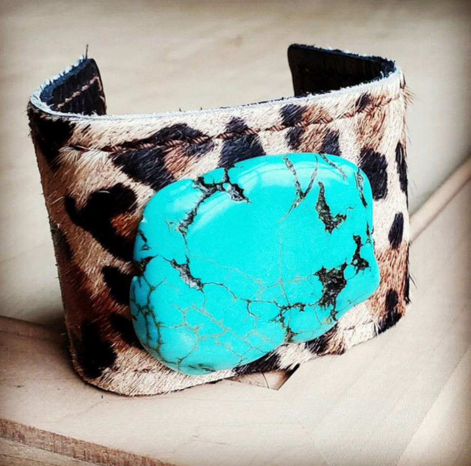 Cuff with leather tie/leopard and turquoise slab