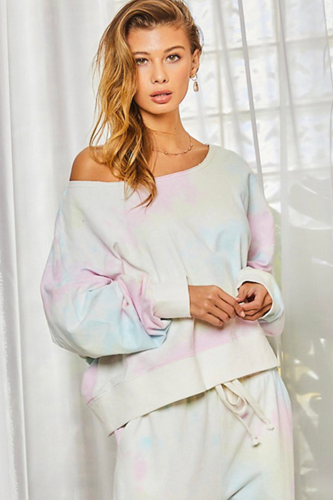 Oversized boat neck tie dye French terry sweatshirt