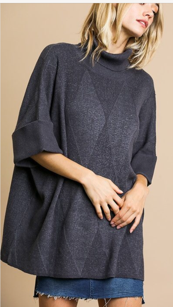 Charcoal 3/4 folded sleeve turtleneck knit sweater