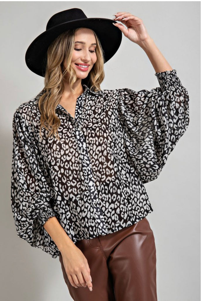 Printed draped dolman button front top