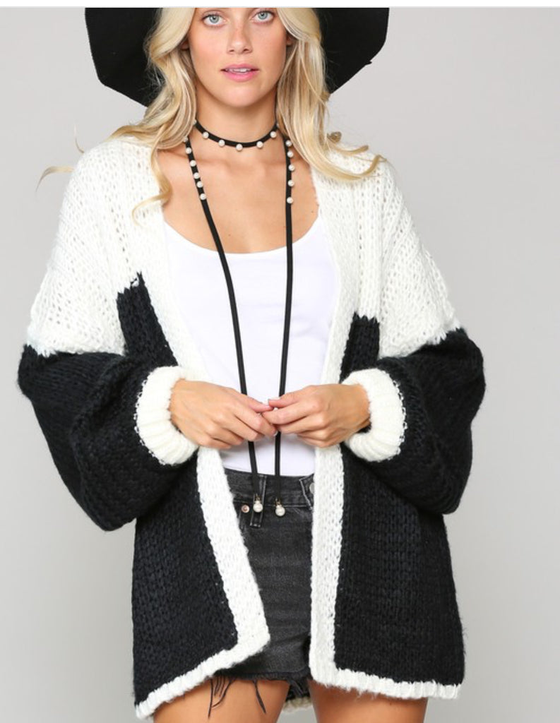 Open front, chunky knit color lock cardigan