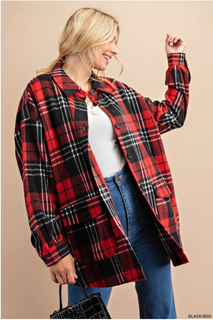 Brushed flannel plaid oversized jacket/top BLK/RED