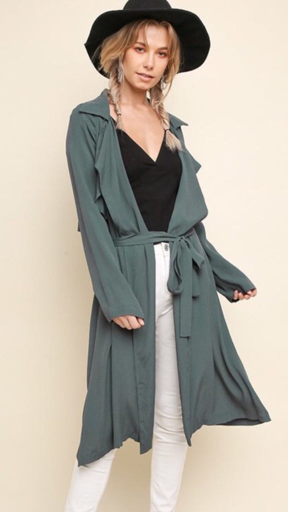 Long sleeve open front maxi jacket with ruffle details
