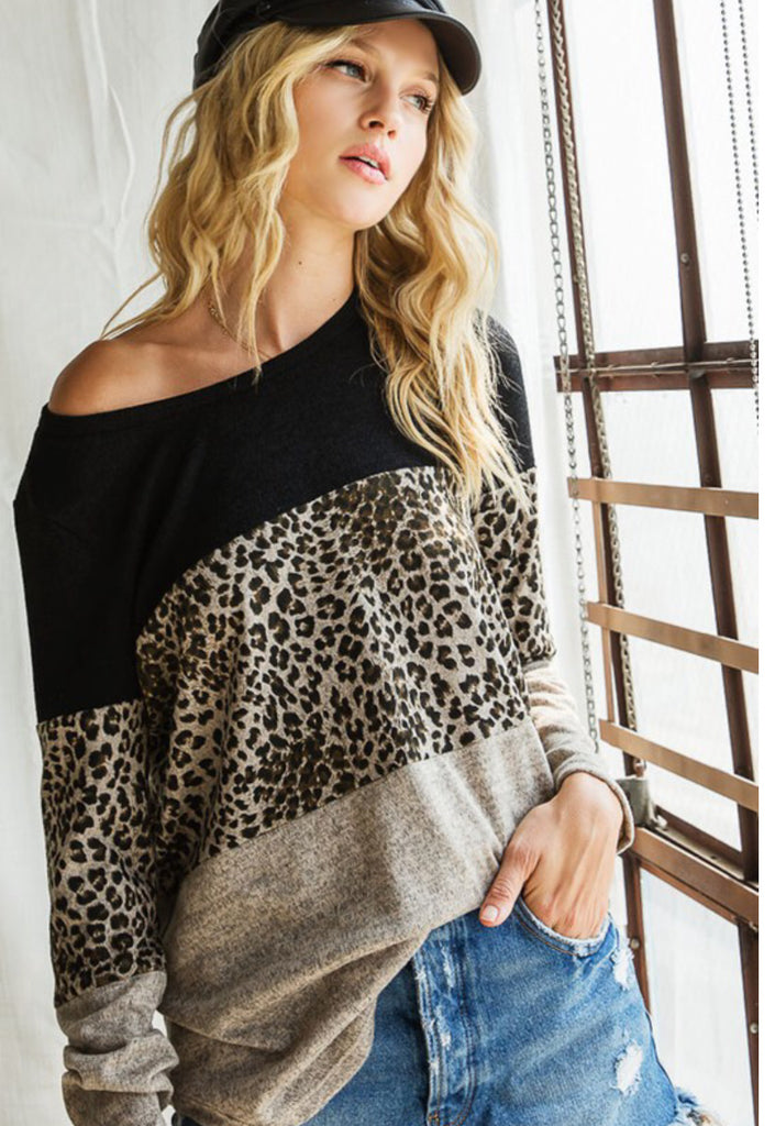 Color block taupe leopard knit top