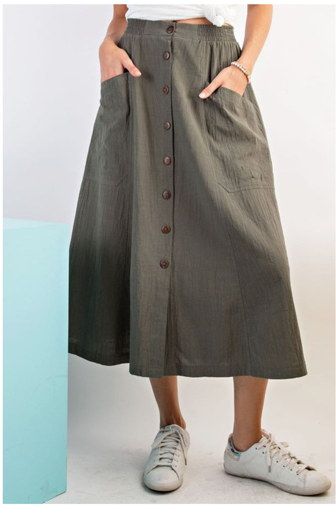 Button front linen flare skirt