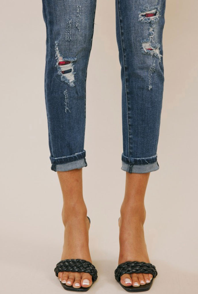 Kancan plaid patch ankle skinny jeans