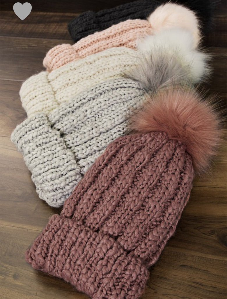 Soft cable knit basic beanie with faux fur pompom