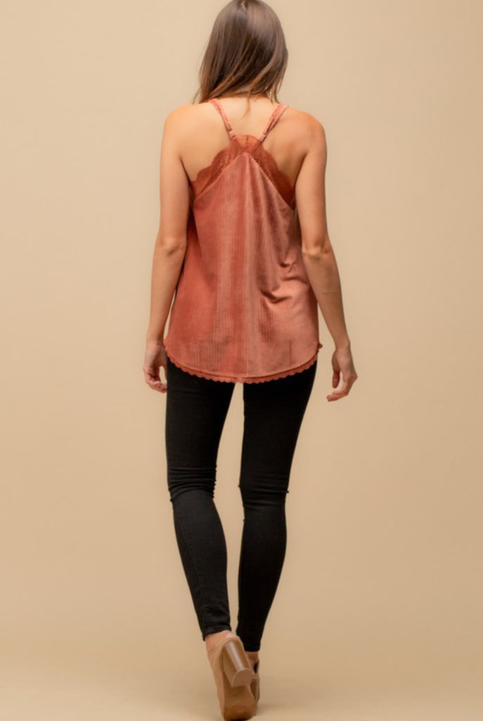 Velvet cami with lace trim- Rust