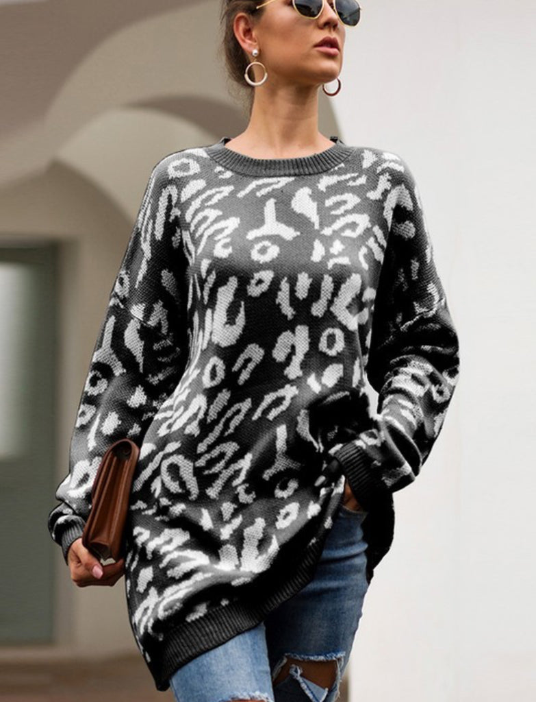 Long sleeve oversized leopard print sweater