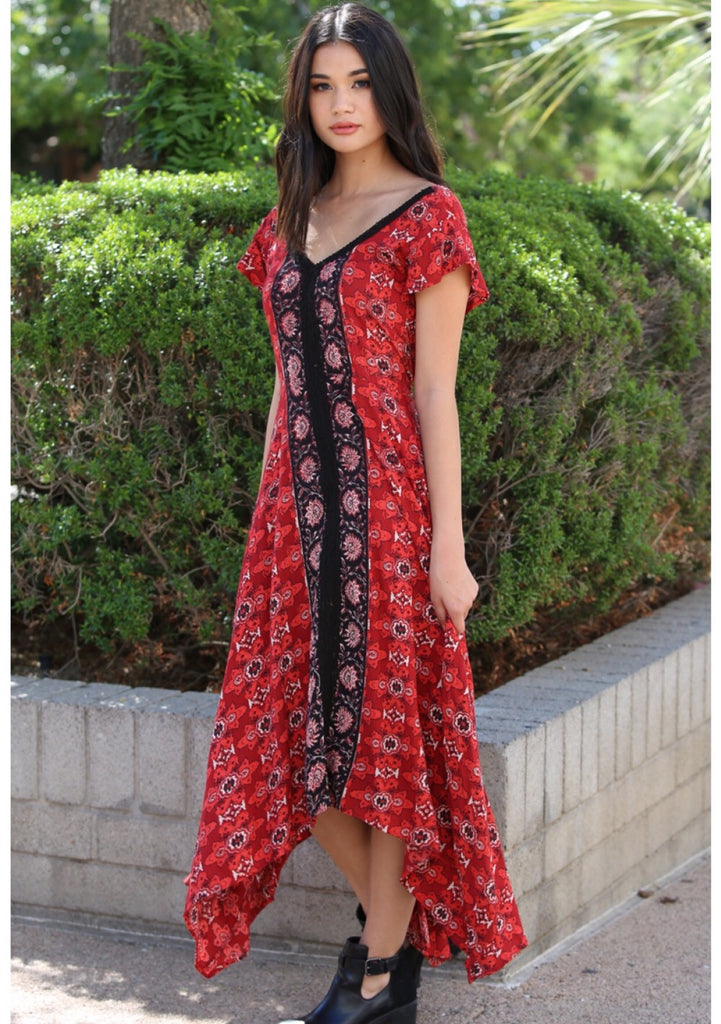 Red print asymmetrical hem maxi dress