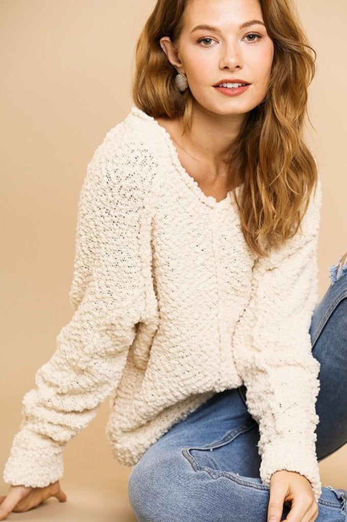 Long sleeve soft fuzzy popcorn pullover sweater