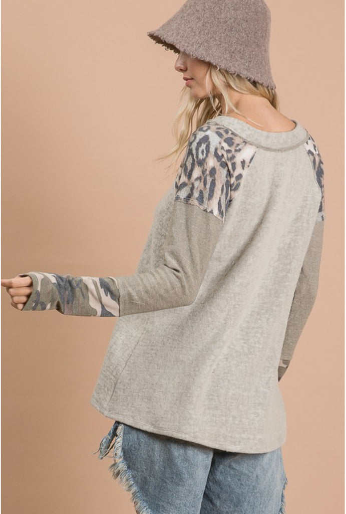 Brushed long sleeve multi pattern Taupe camo/leopard