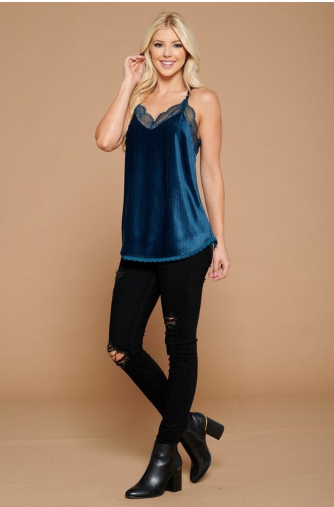 Velvet cami with lace trim- Teal