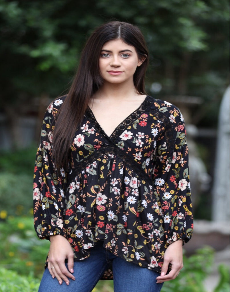 Black floral babydoll shirt