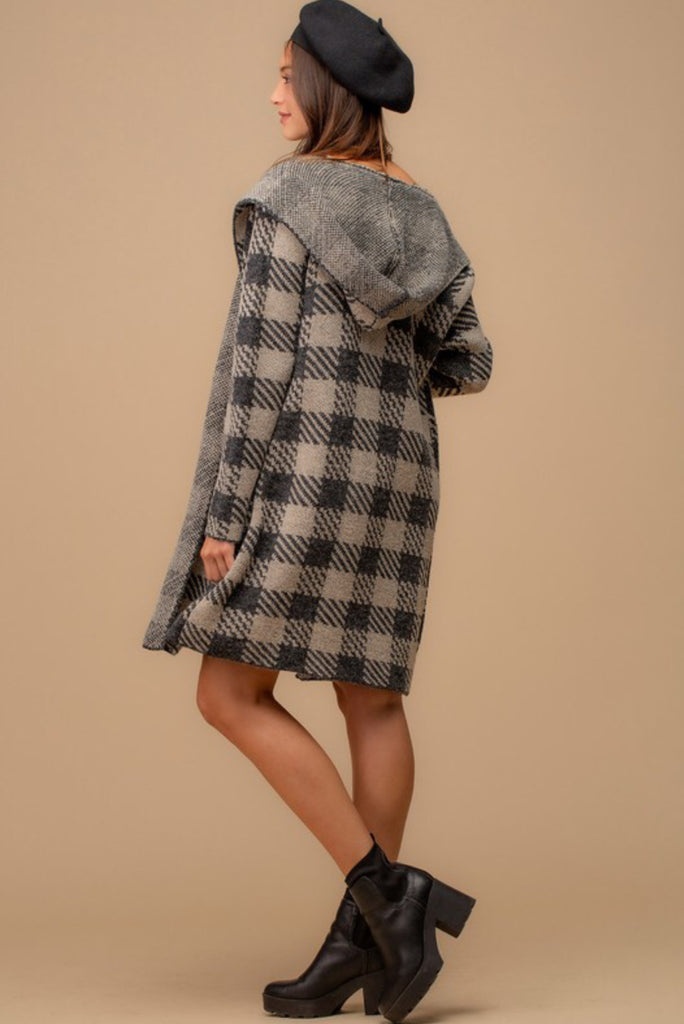 Hooded plaid maxi cardigan