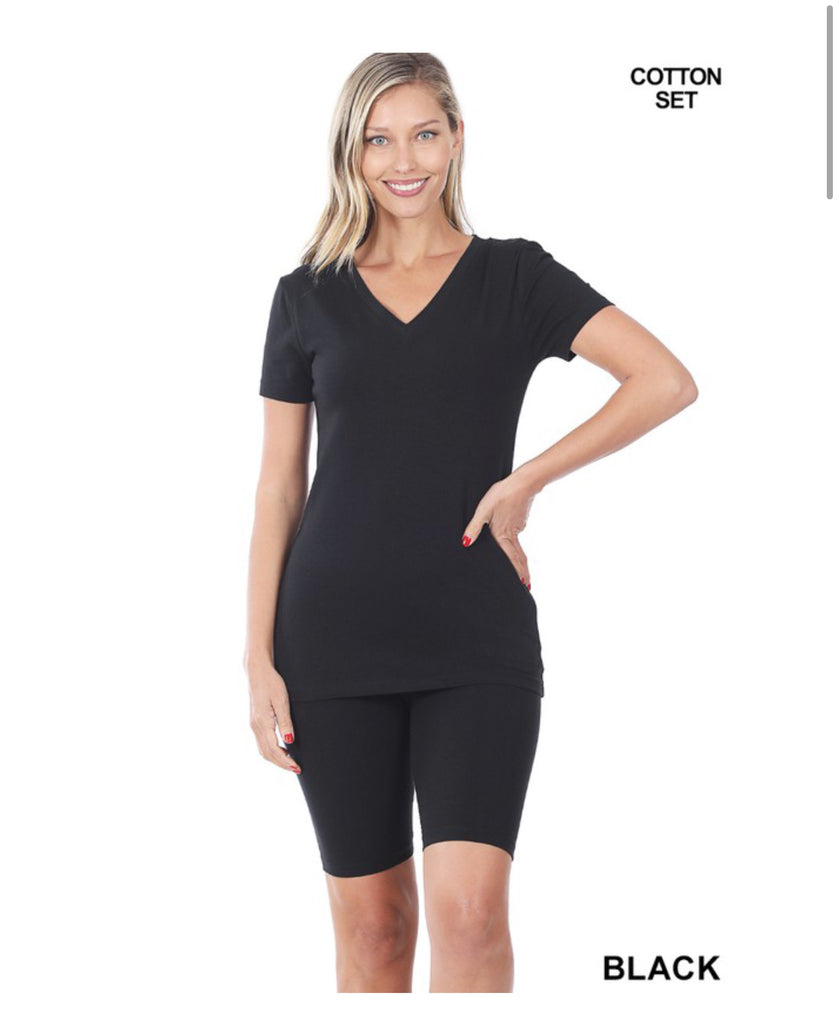 Cotton V neck top and bike shorts set ( 2 color choices)