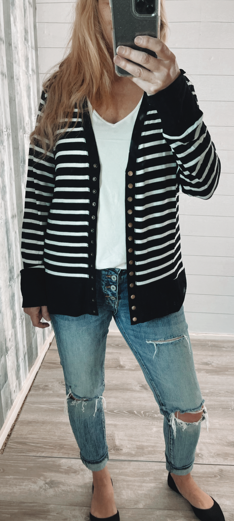 Snap front stripe ivory/black cardigan sweater (reg and plus)