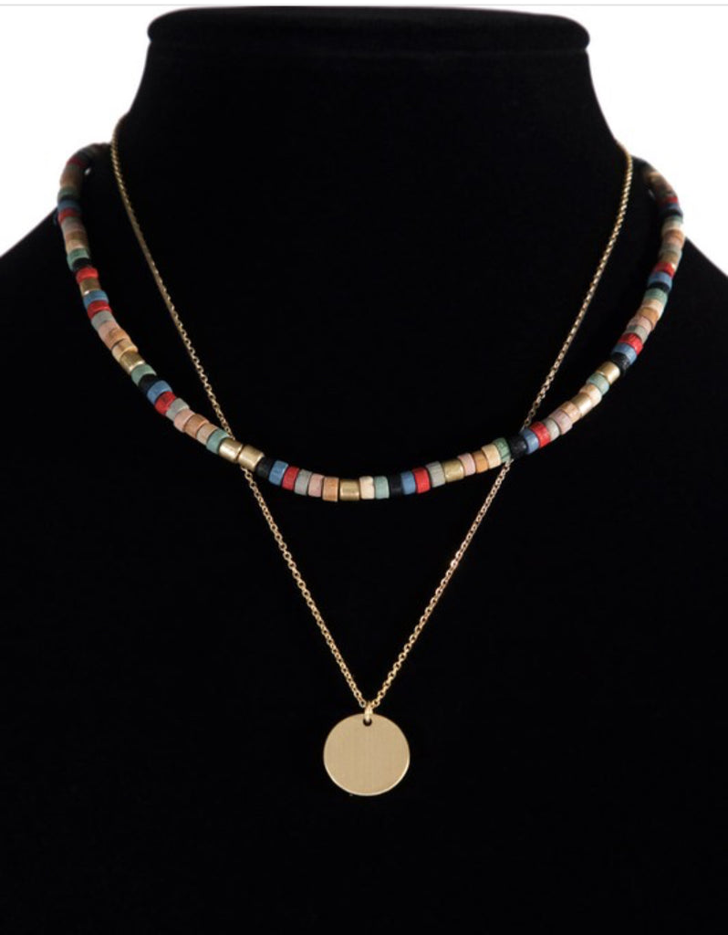 Double layer wooden bead and metal disc pendant