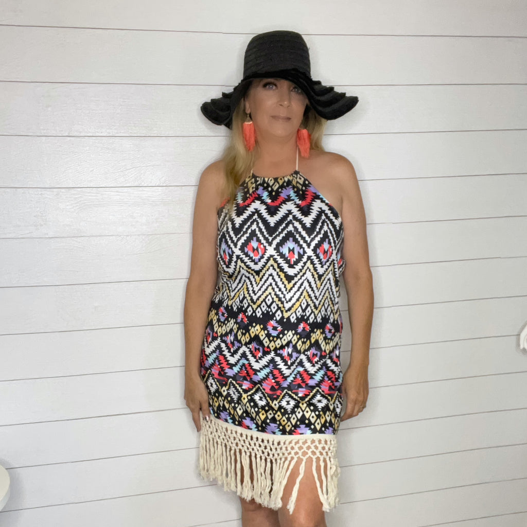Open back tassel hem halter dress