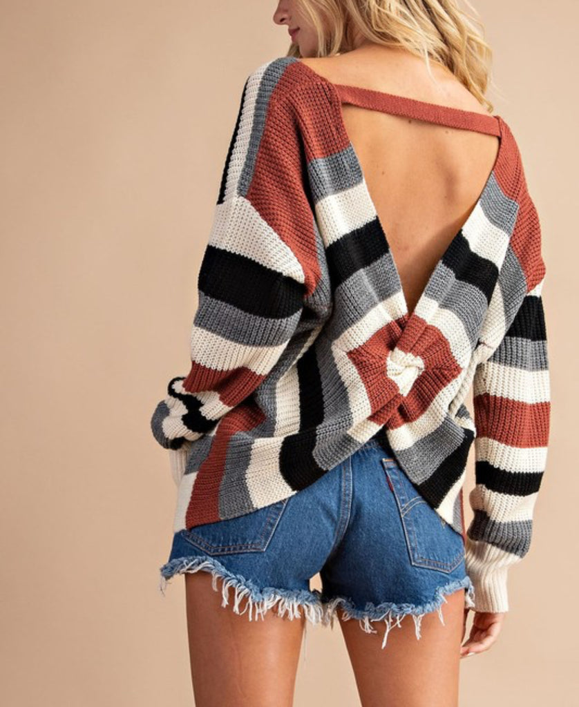 Striped twist back knit sweater top